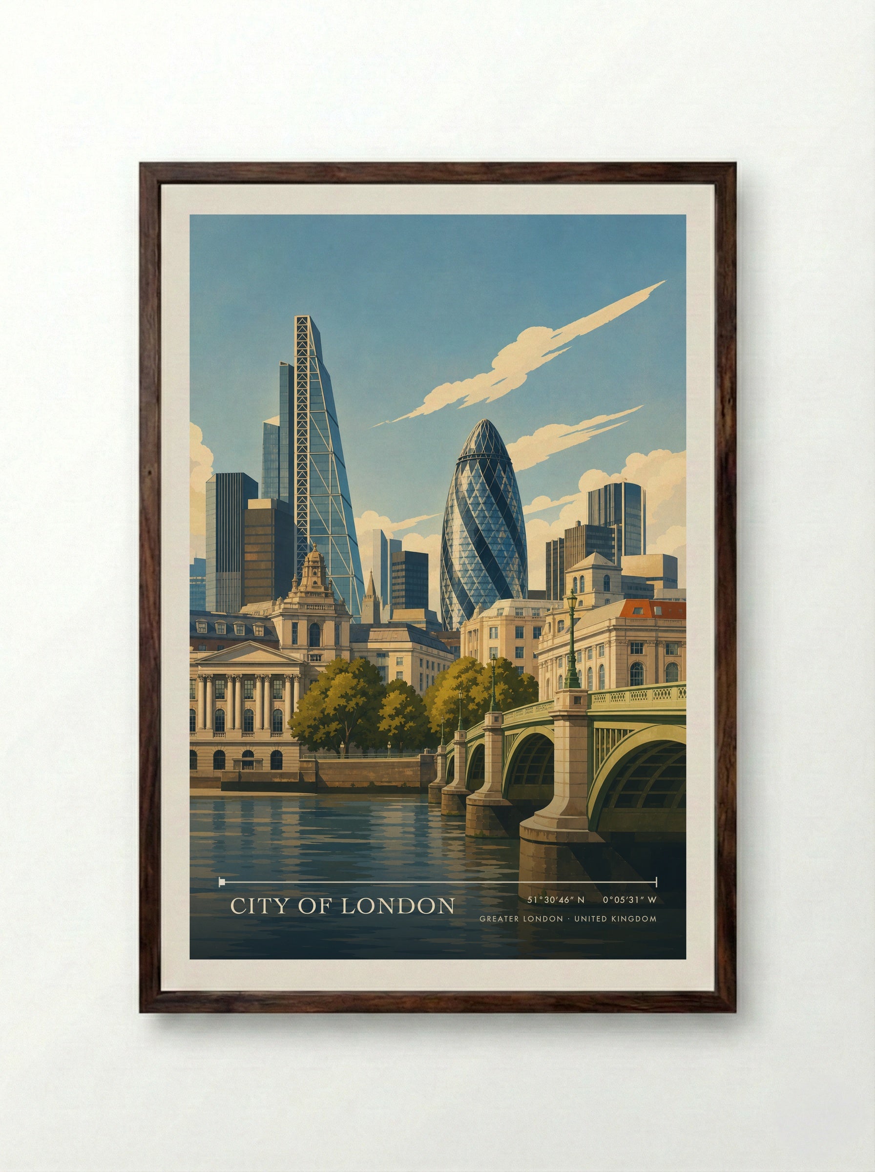 City of London Greater London United Kingdom Travel Poster - Framed Print Dark Wood
