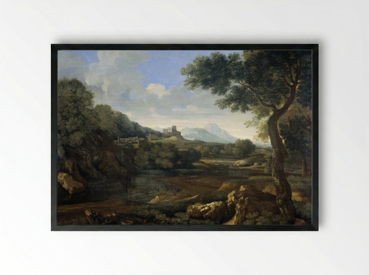Classical Landscape with a Hilltop Fortress - Gaspard Dughet - Framed Print Black