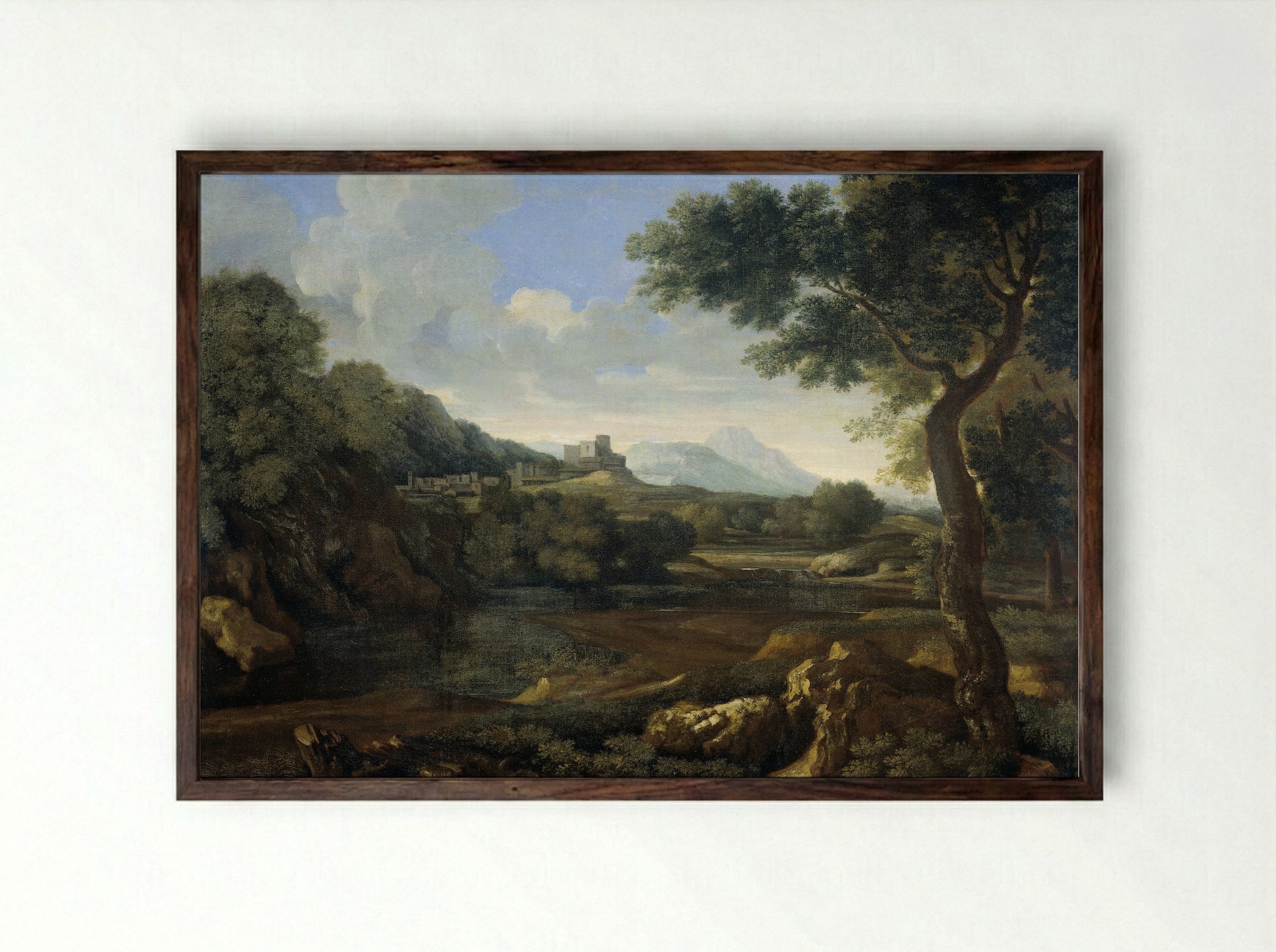 Classical Landscape with a Hilltop Fortress - Gaspard Dughet - Framed Print Dark Wood