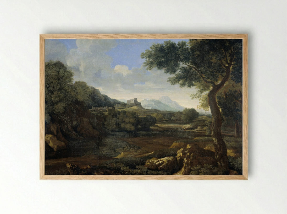 Classical Landscape with a Hilltop Fortress - Gaspard Dughet - Framed Print Wood