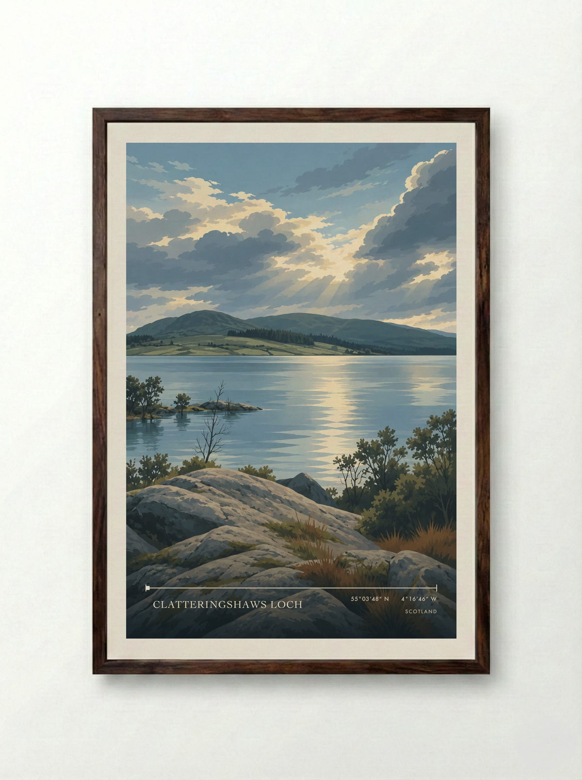 Clatteringshaws Loch | Travel Poster - Framed Print Dark Wood