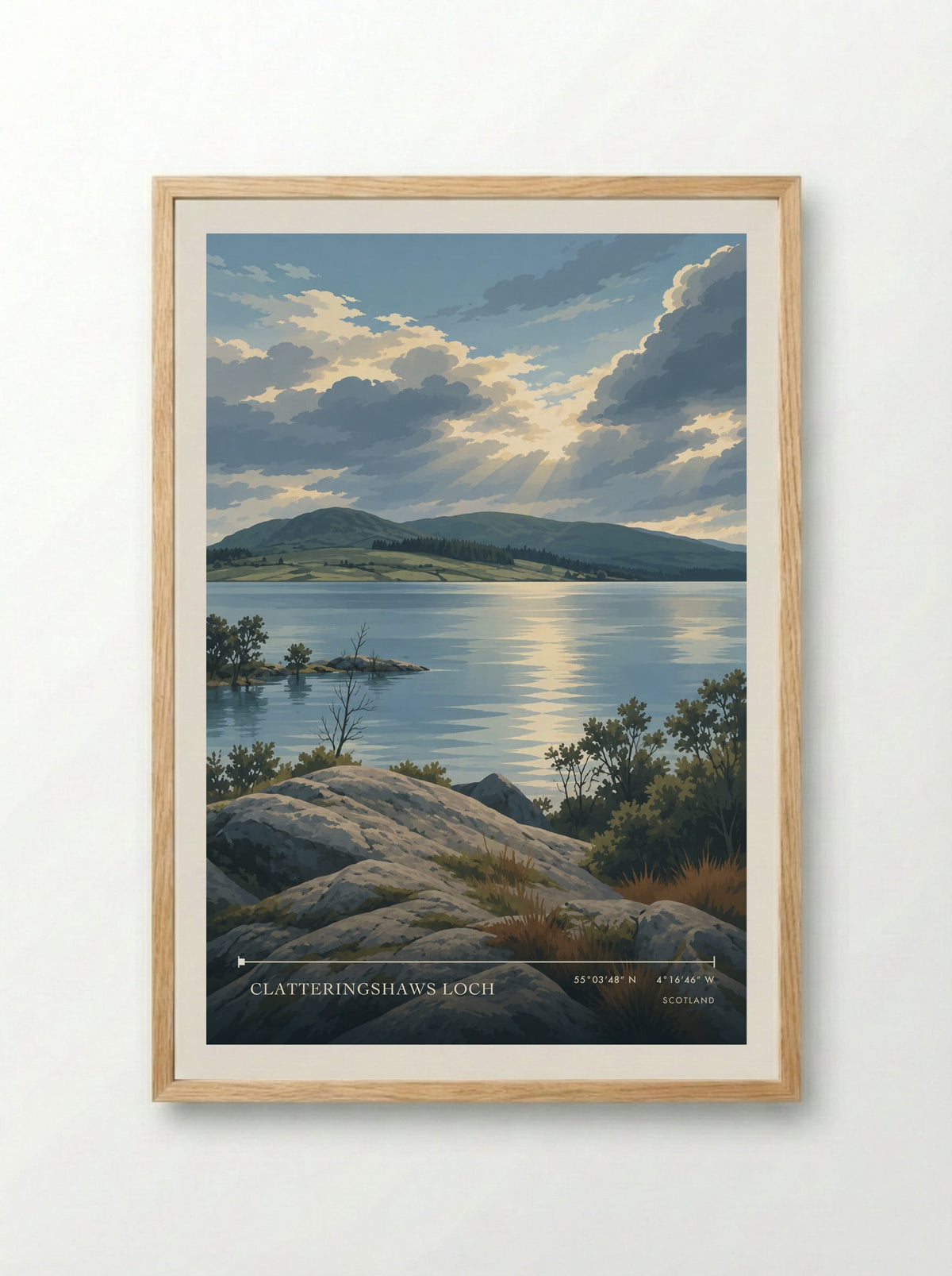Clatteringshaws Loch | Travel Poster - Framed Print Wood