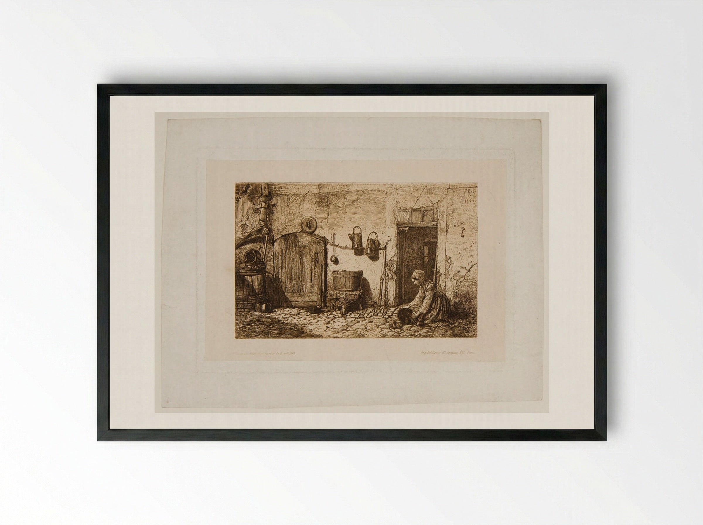 Cleaning Woman - Charles-Émile Jacque - Framed Print Black