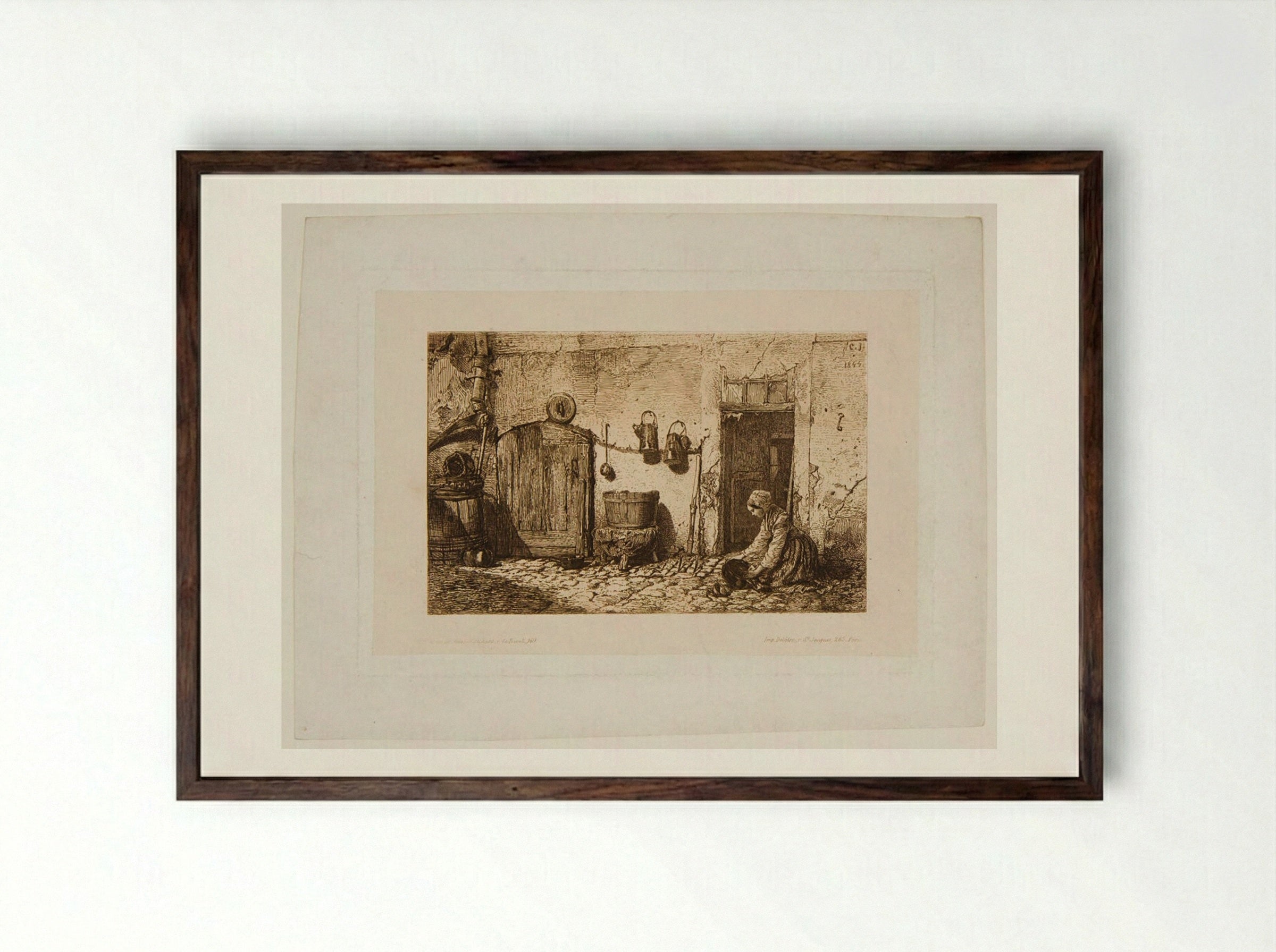 Cleaning Woman - Charles-Émile Jacque - Framed Print Dark Wood