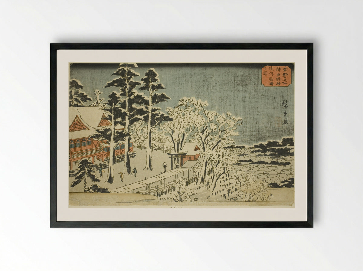 Clear Weather after Snowfall at the Precincts of the Kanda Myojin Shrine - Utagawa Hiroshige - Framed Print Black