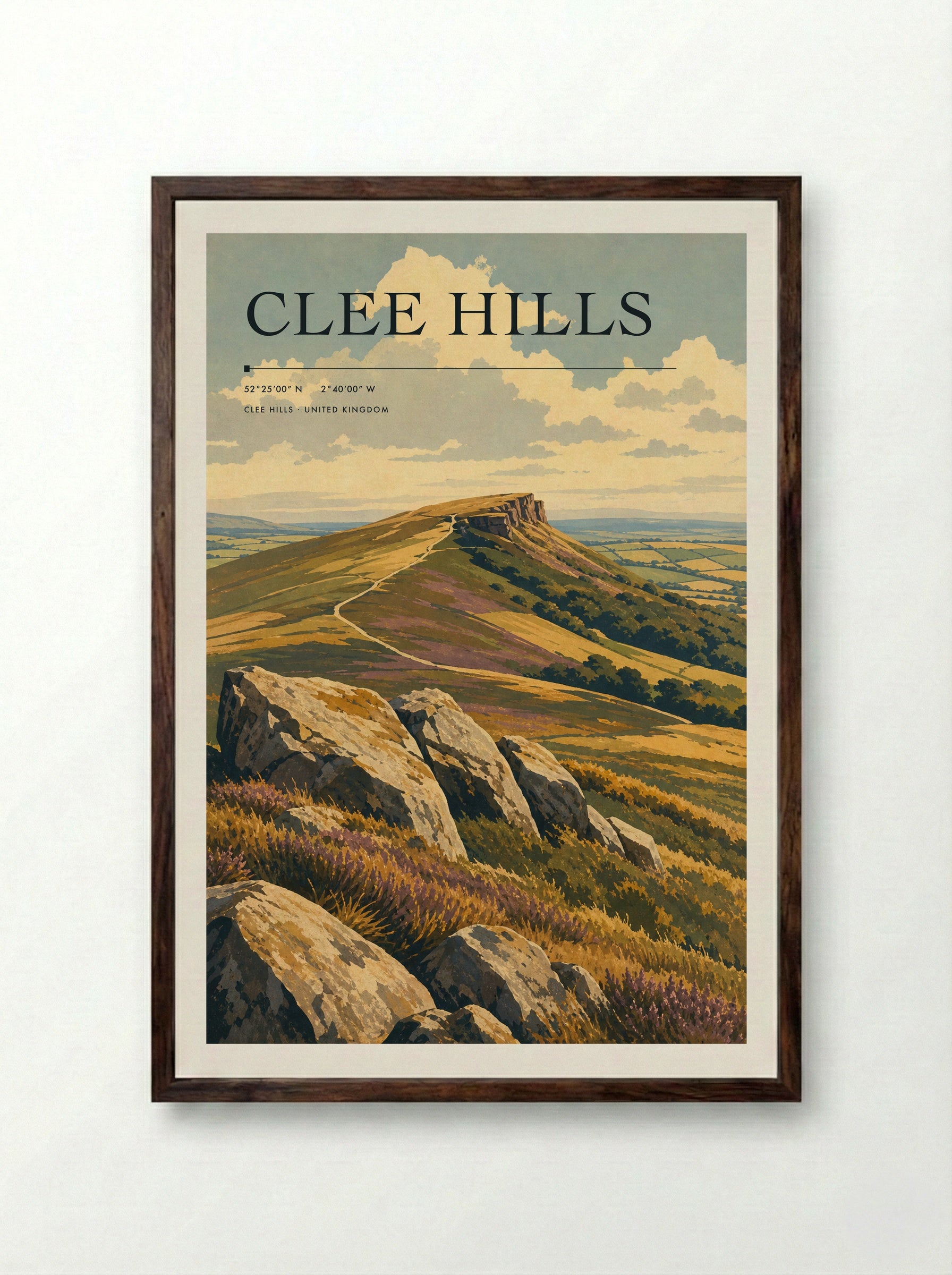 Clee Hills United Kingdom Travel Poster - Framed Print Dark Wood