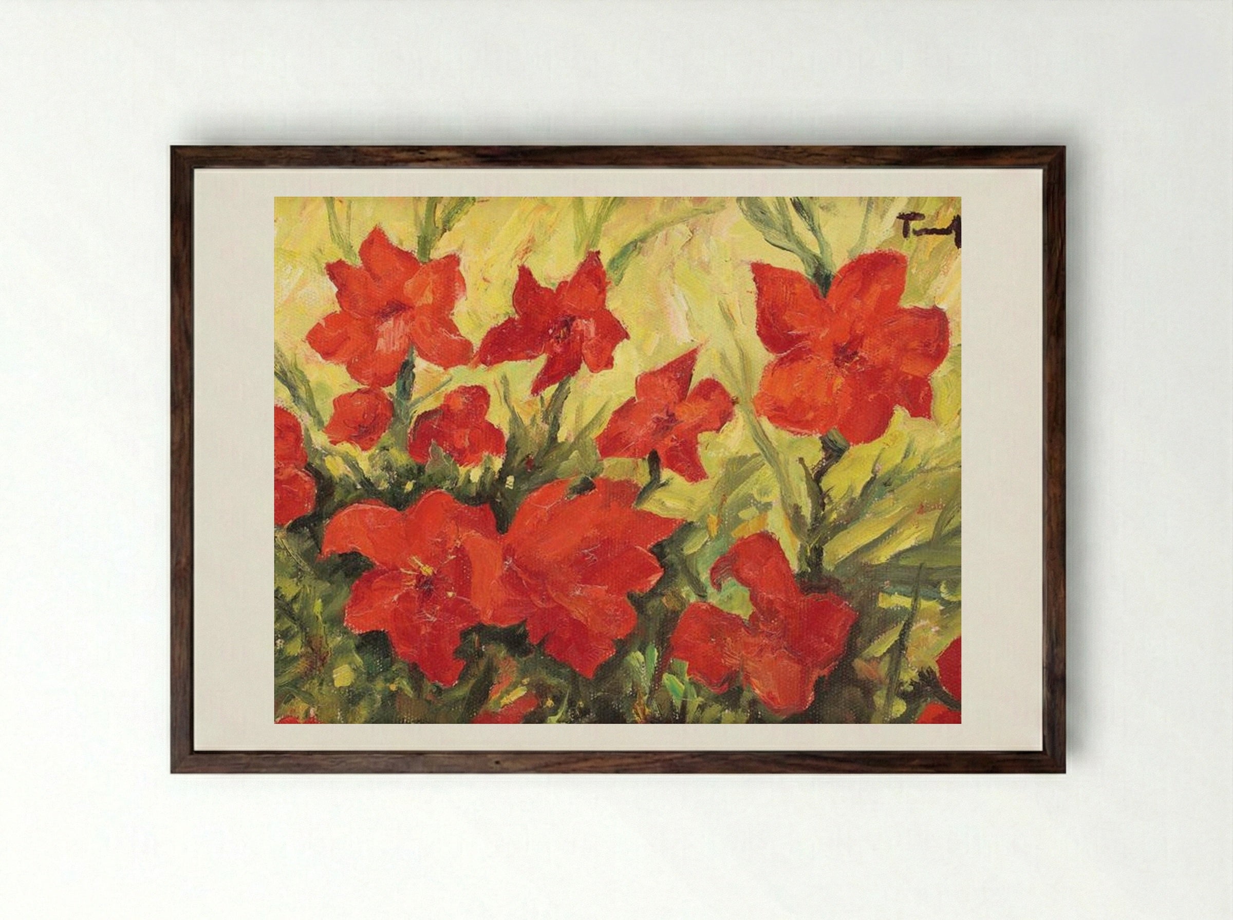 Clematis Red Flowers - Nicolae Tonitza - Framed Print Dark Wood