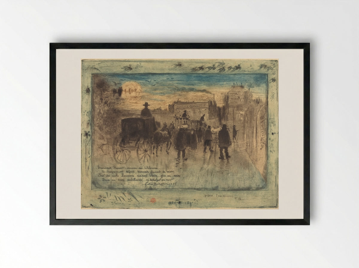 Clichy Boulevard Funerary Procession - Félix Hilaire Buhot - Framed Print Black