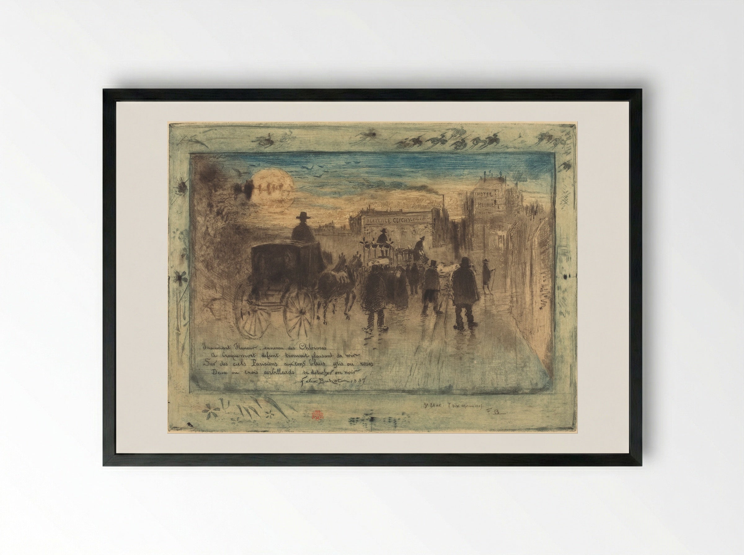Clichy Boulevard Funerary Procession - Félix Hilaire Buhot - Framed Print Black