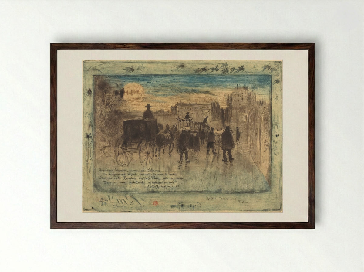 Clichy Boulevard Funerary Procession - Félix Hilaire Buhot - Framed Print Dark Wood