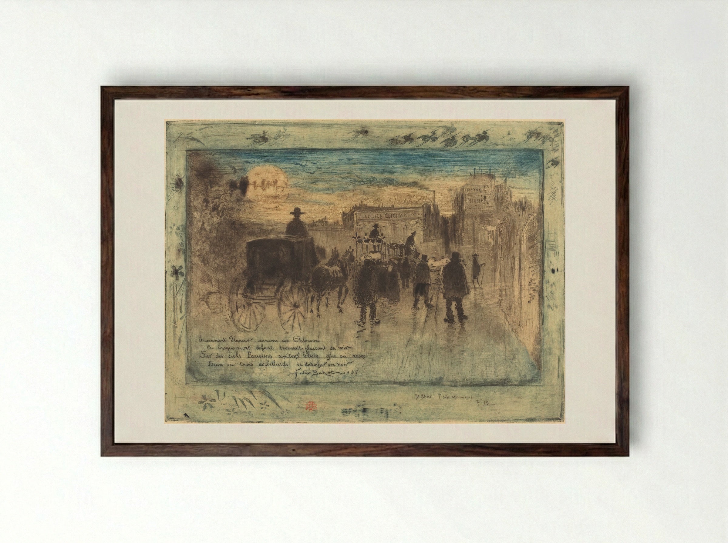 Clichy Boulevard Funerary Procession - Félix Hilaire Buhot - Framed Print Dark Wood