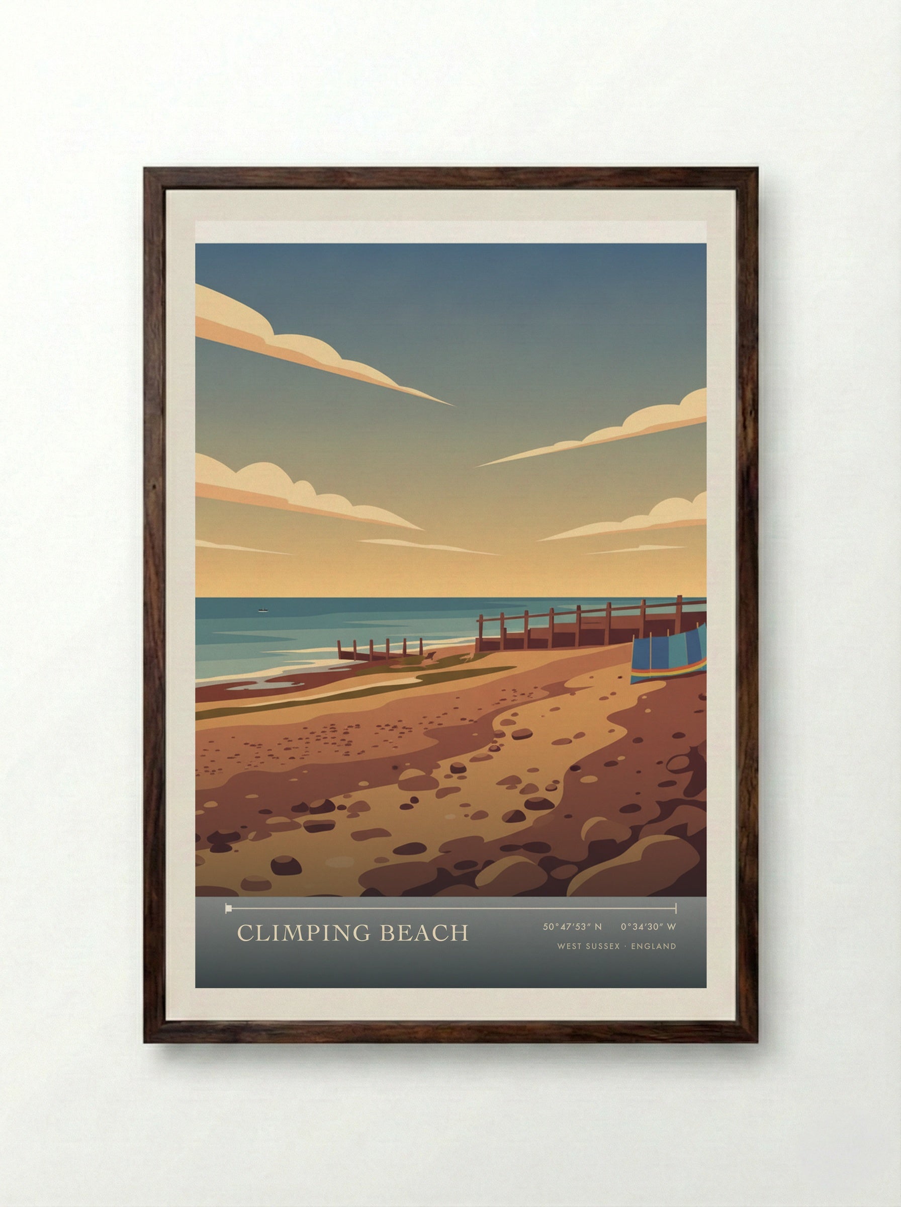 Climping Beach West Sussex England Travel Poster - Framed Print Dark Wood
