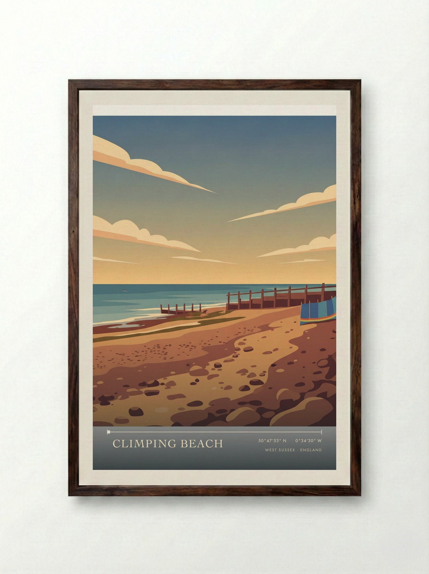 Climping Beach West Sussex England Travel Poster - Framed Print Dark Wood