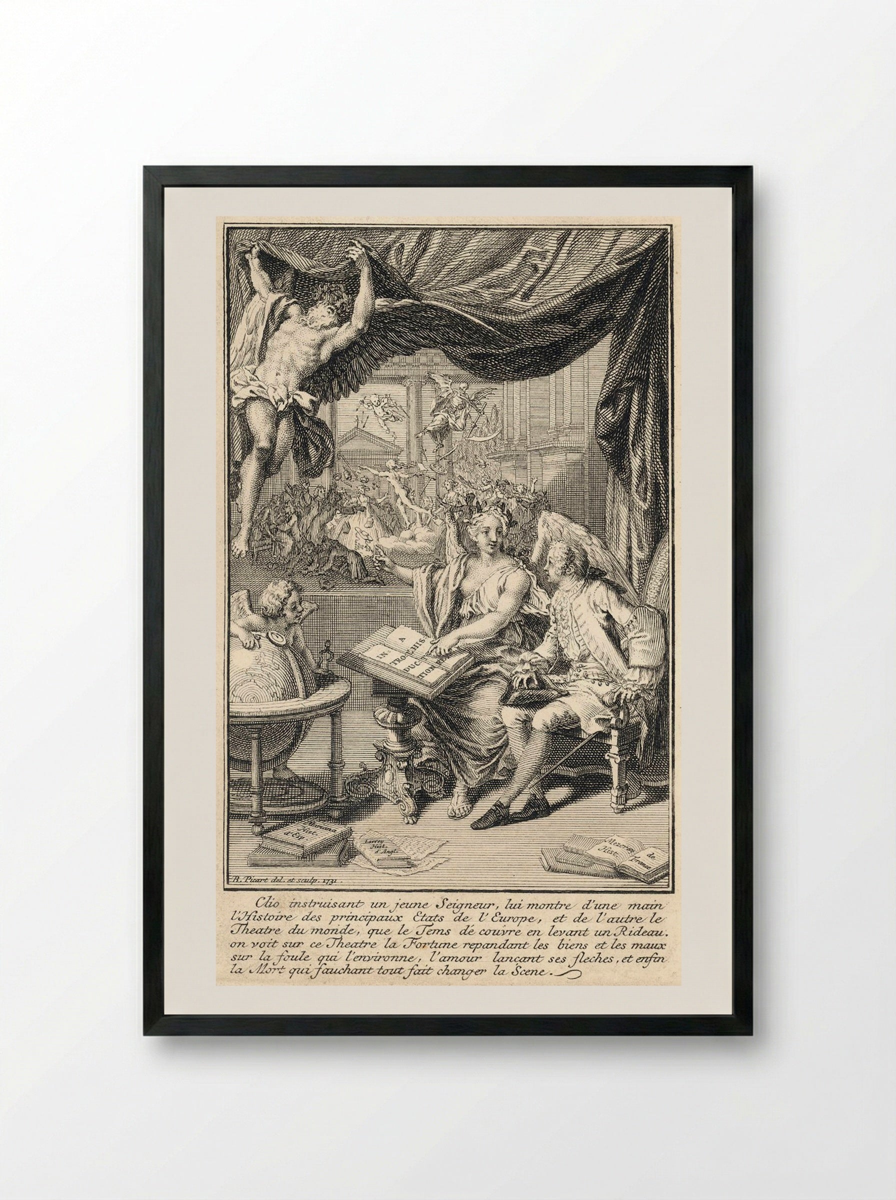 Clio Instructing a Young Nobleman - Bernard Picart - Framed Print Black