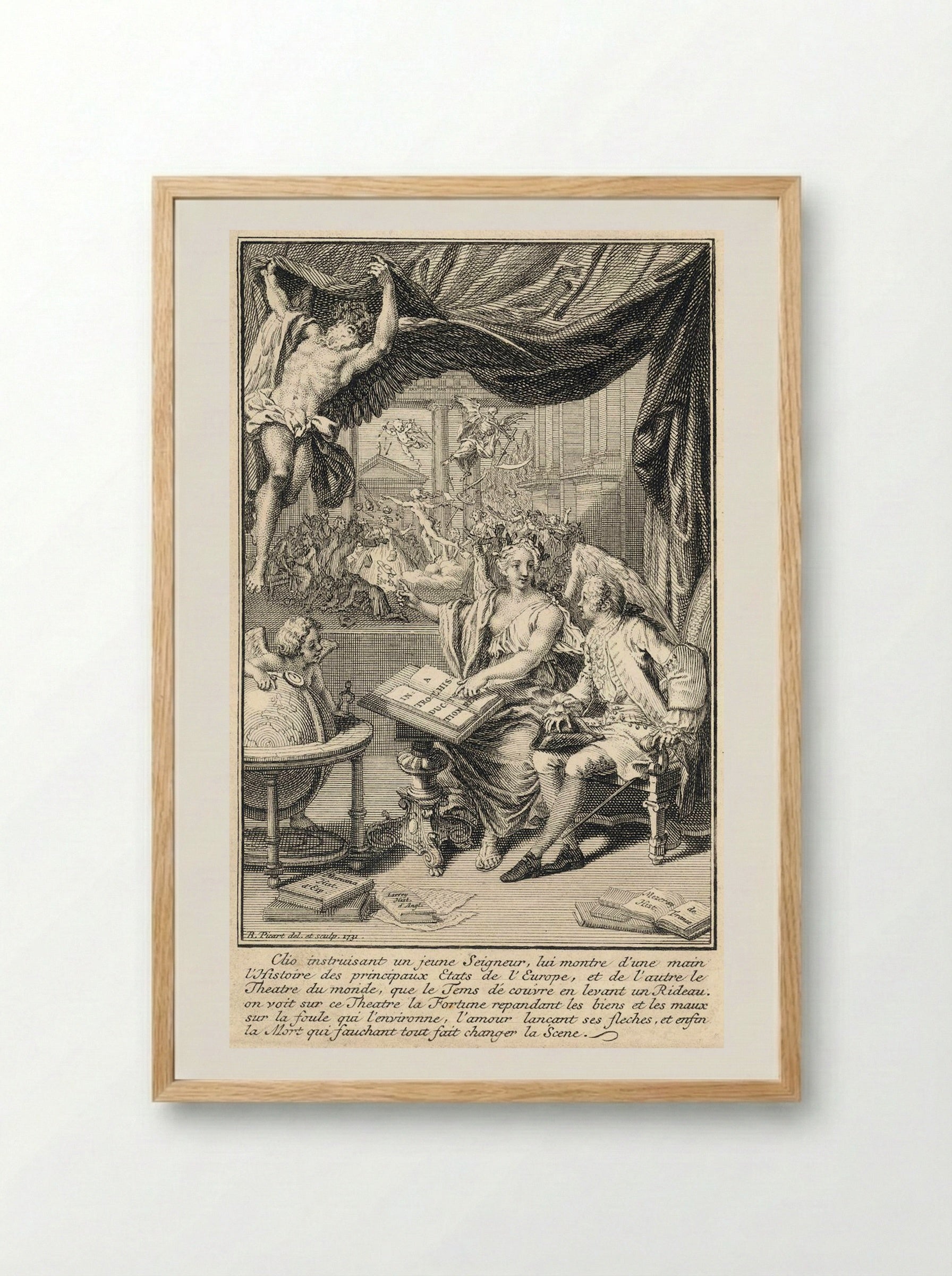 Clio Instructing a Young Nobleman - Bernard Picart - Framed Print Wood