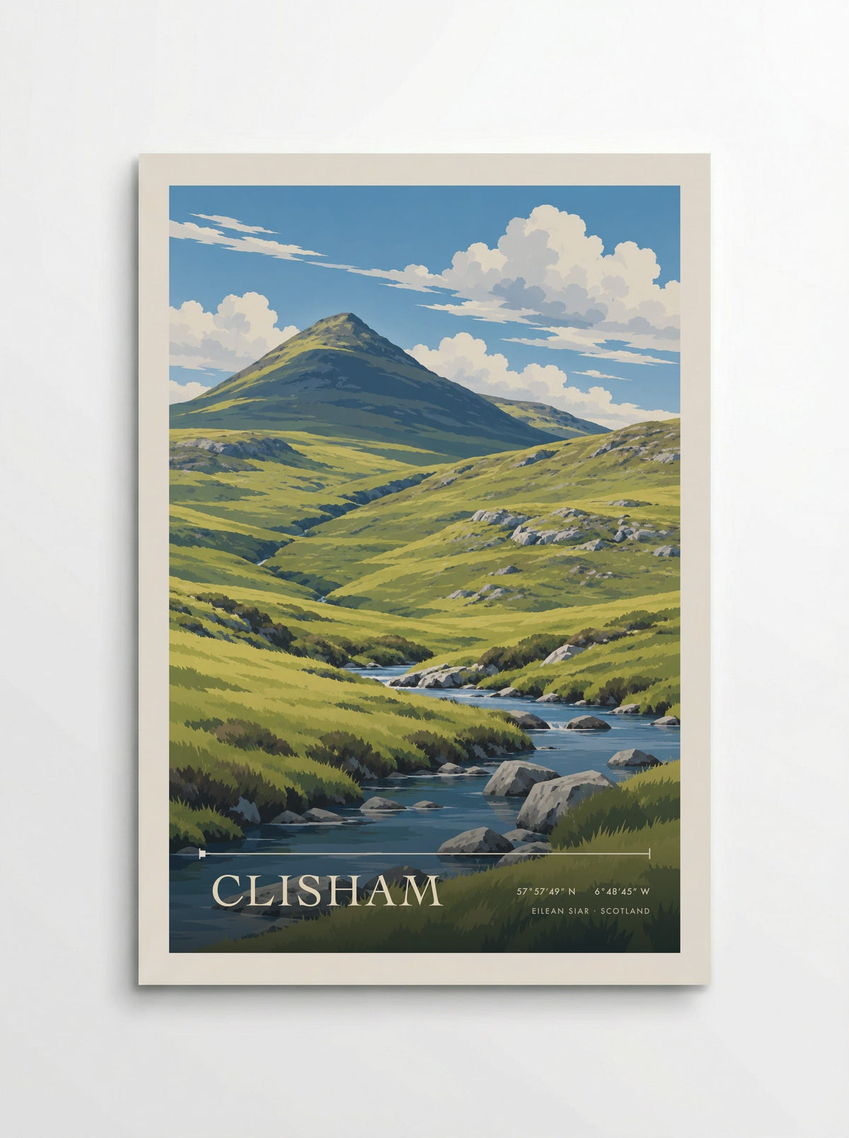 Clisham, Eilean Siar travel poster: pale boulders and a winding blue burn leading towards the mountain beneath bright clouds