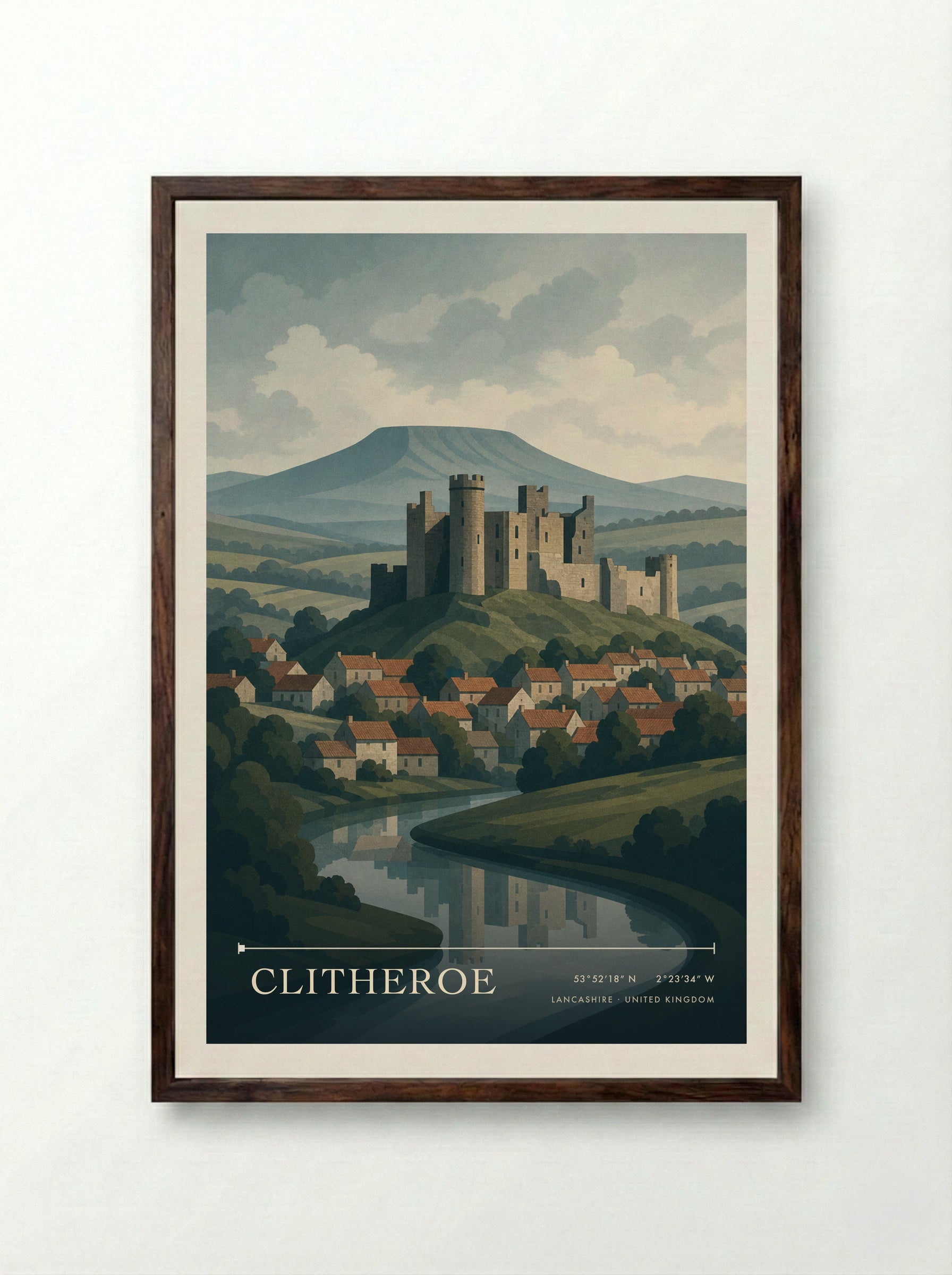 Clitheroe Lancashire United Kingdom Travel Poster - Framed Print Dark Wood
