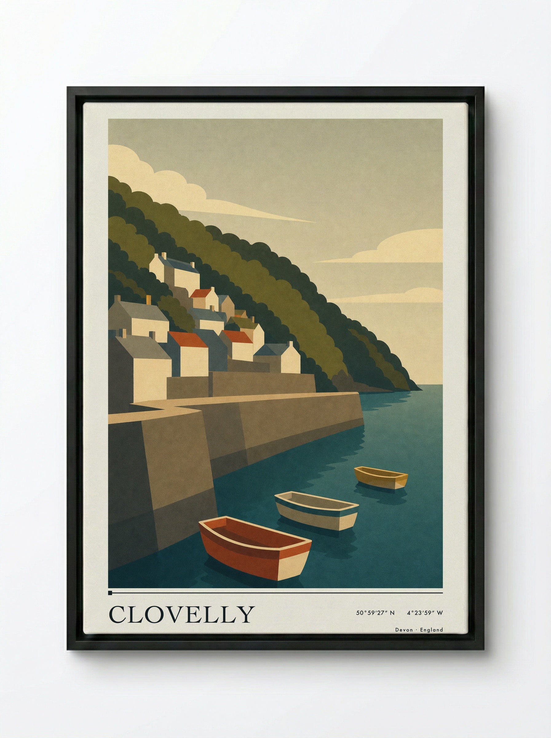 Clovelly Devon Travel Poster - Framed Canvas Black