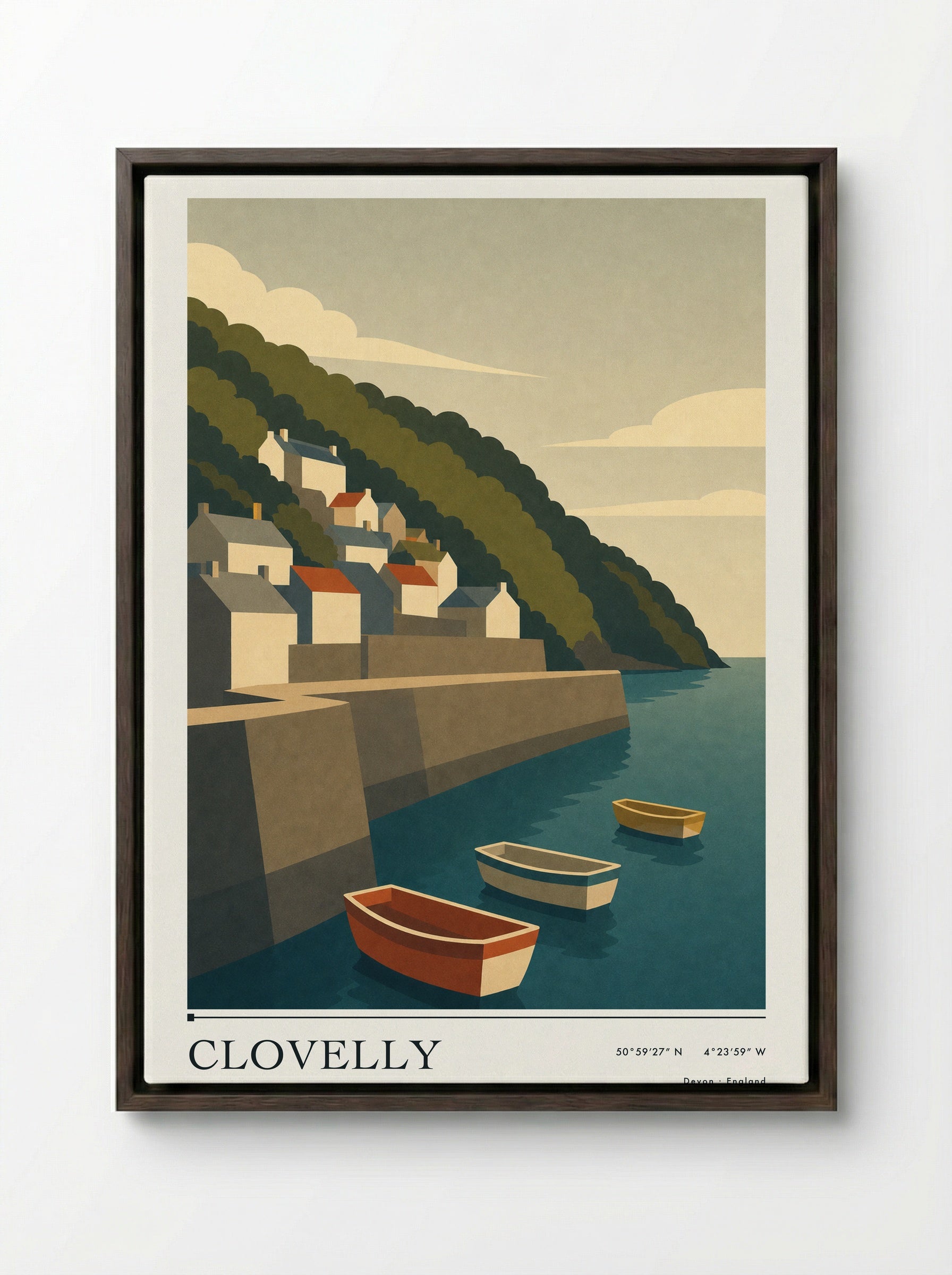 Clovelly Devon Travel Poster - Framed Canvas Dark Wood