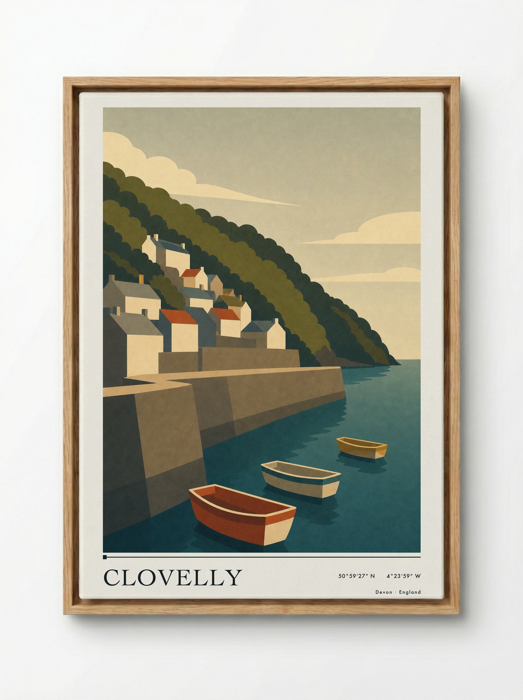 Clovelly Devon Travel Poster - Framed Canvas Wood
