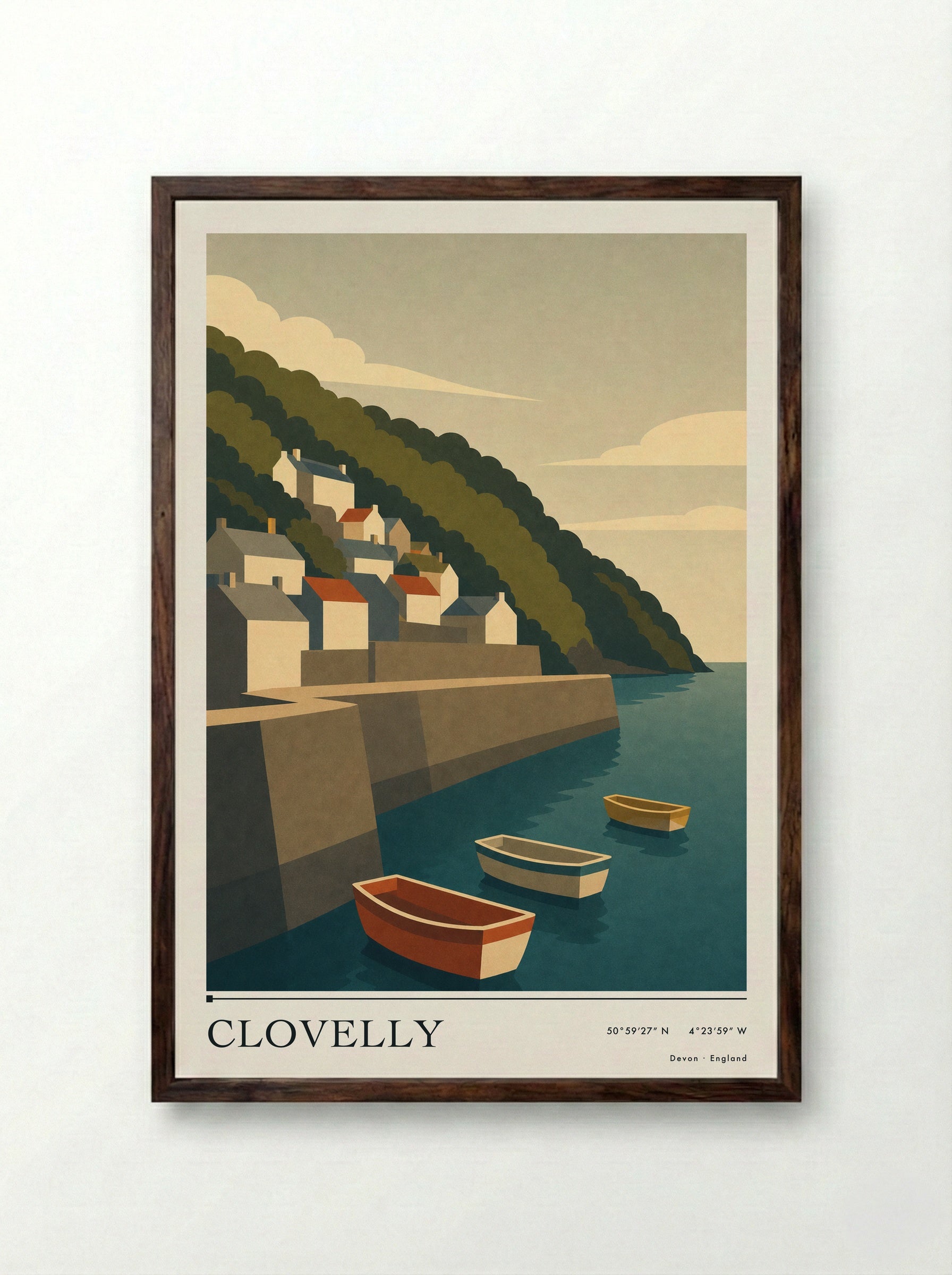Clovelly Devon Travel Poster - Framed Print Dark Wood