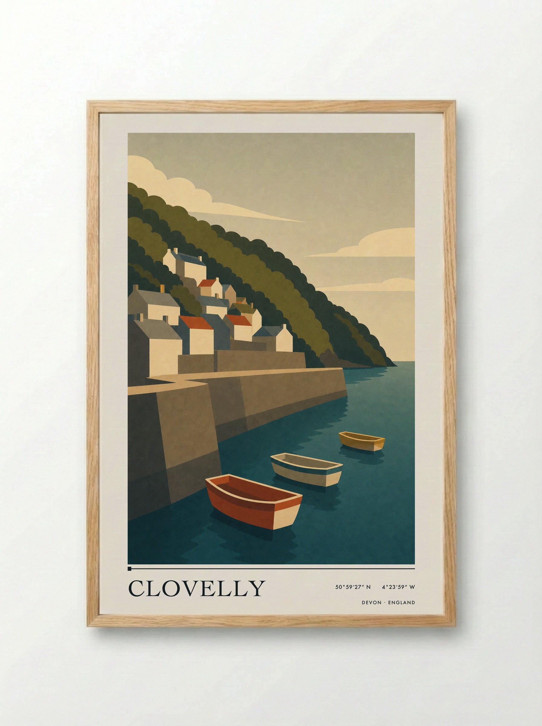 Clovelly Devon Travel Poster - Framed Print Wood