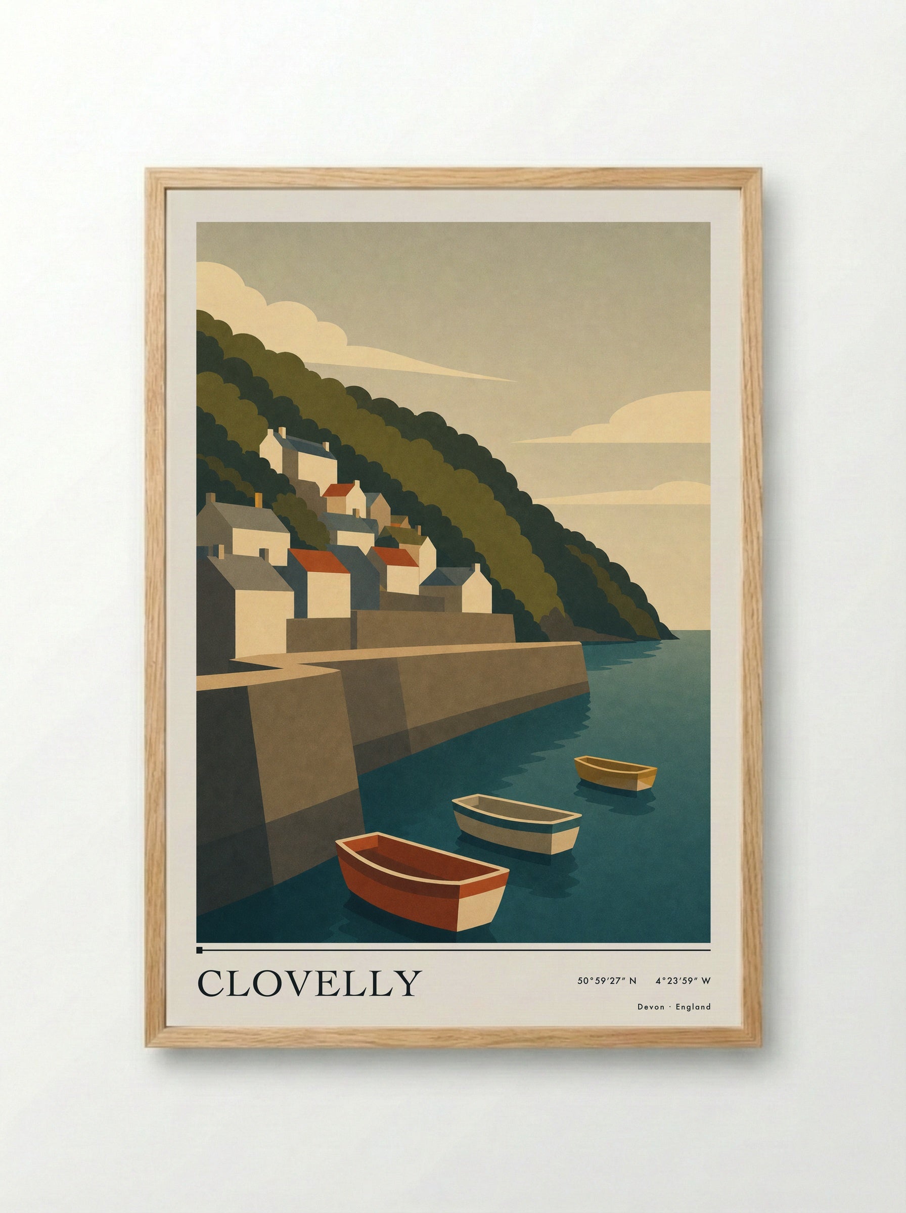 Clovelly Devon Travel Poster - Framed Print Wood