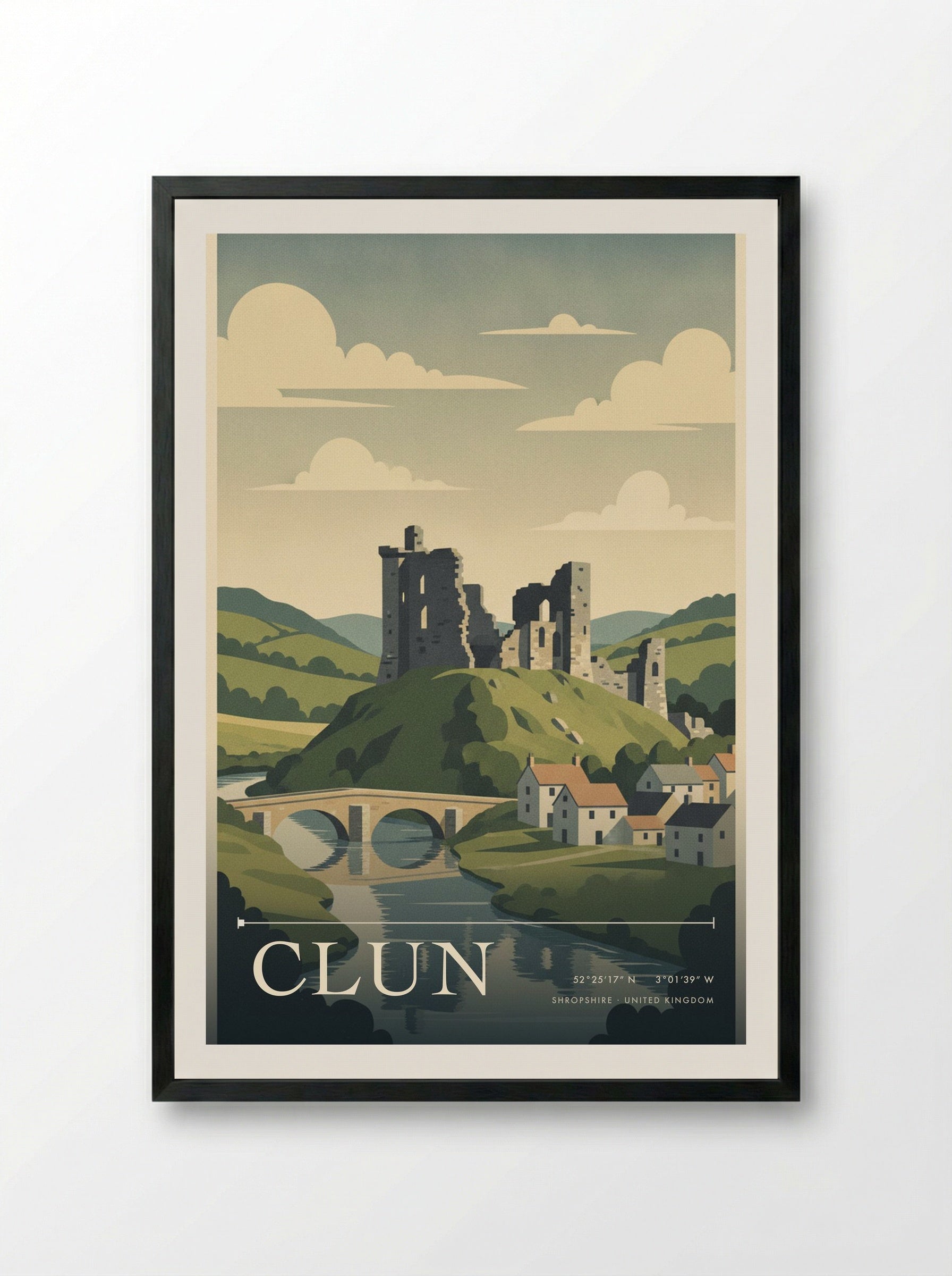 Clun Shropshire United Kingdom Travel Poster - Framed Print Black
