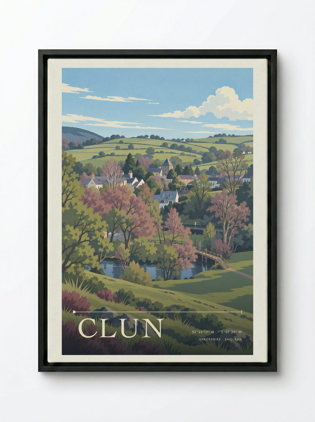Clun, Shropshire | Travel Poster - Framed Canvas Black