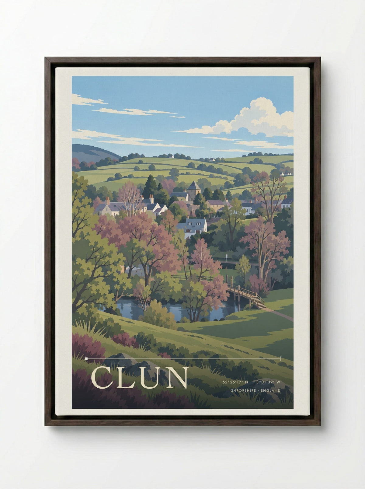 Clun, Shropshire | Travel Poster - Framed Canvas Dark Wood