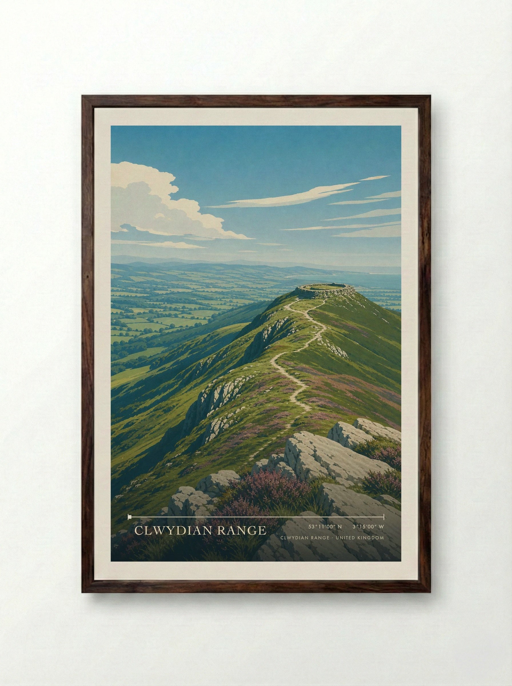 Clwydian Range United Kingdom Travel Poster - Framed Print Dark Wood