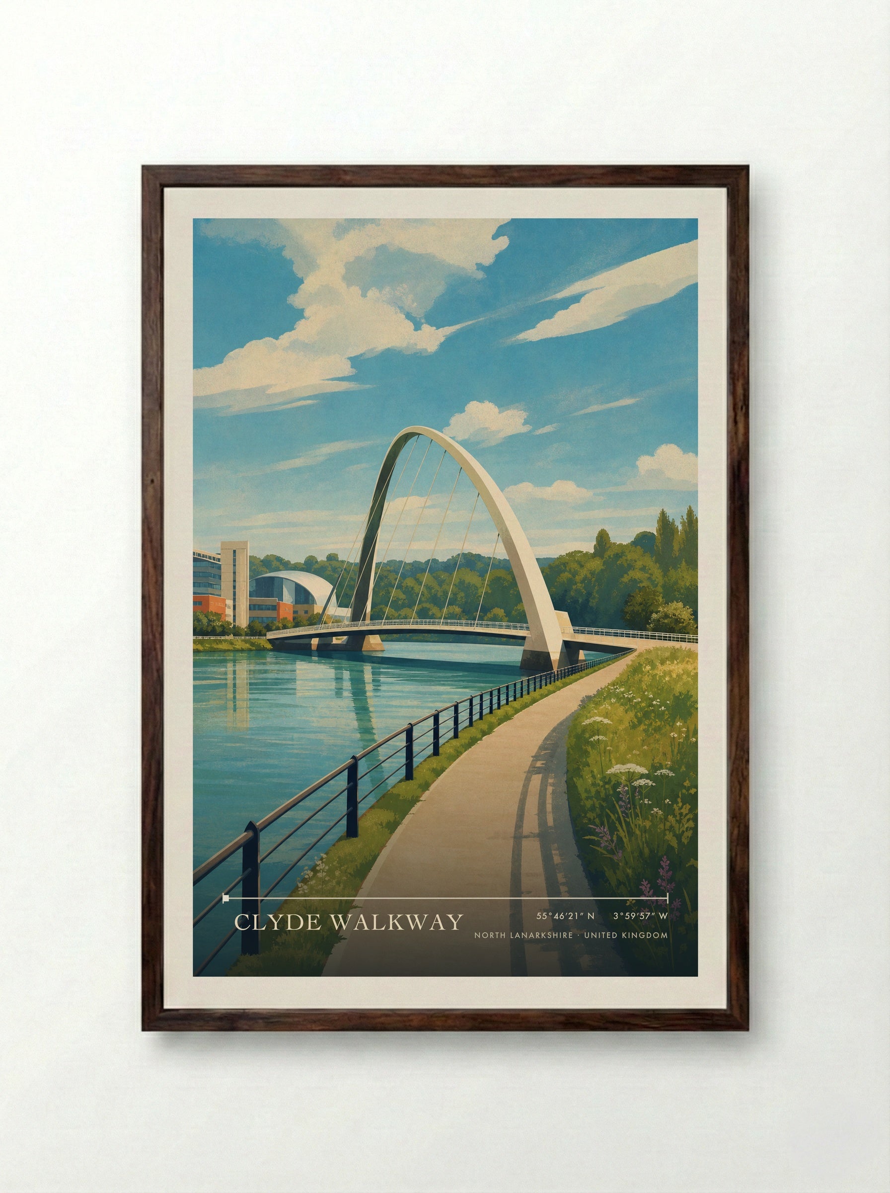 Clyde Walkway North Lanarkshire United Kingdom Travel Poster - Framed Print Dark Wood