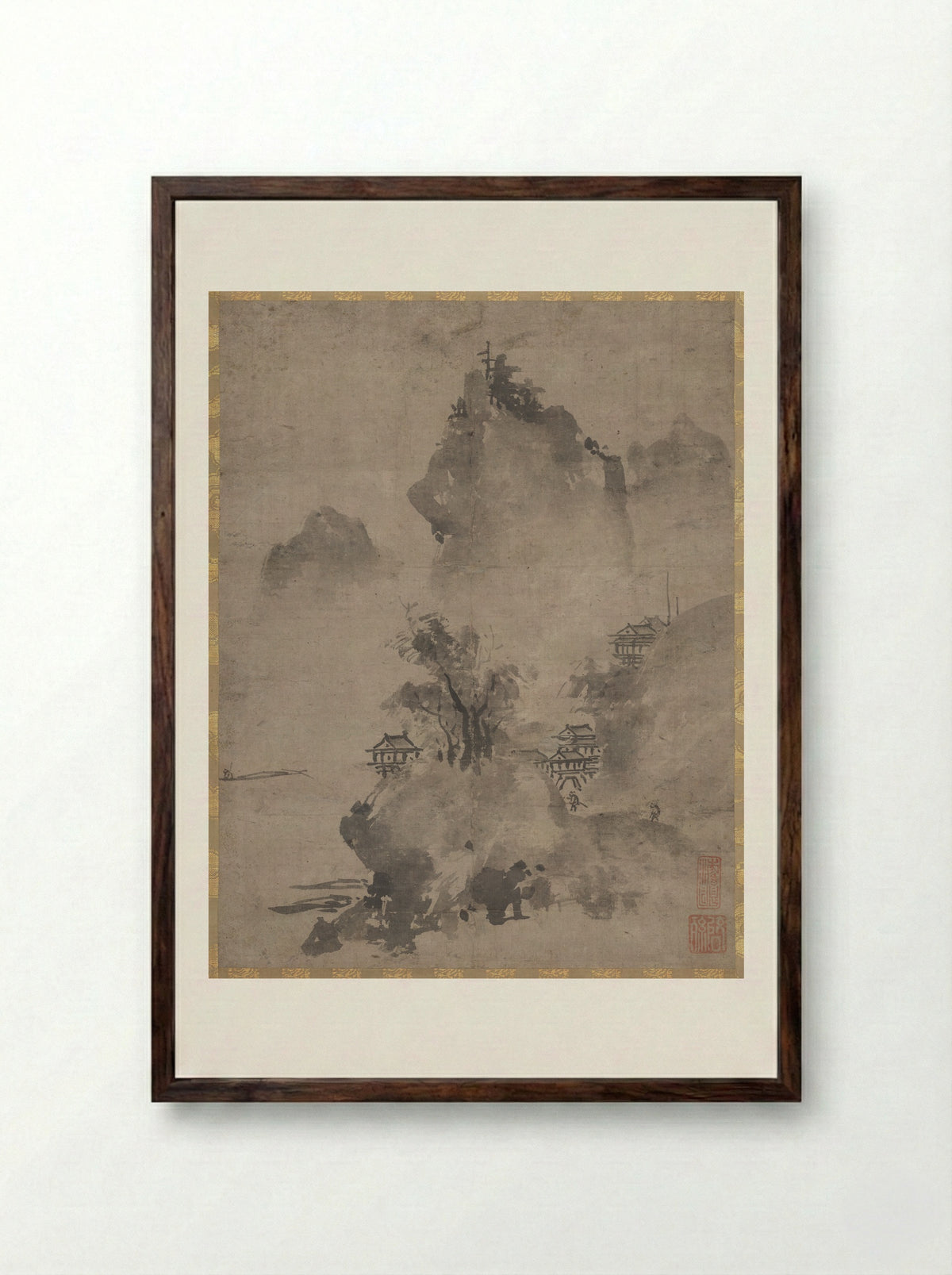 Coastal Landscape in the Haboku Style - Keison - Framed Print Dark Wood