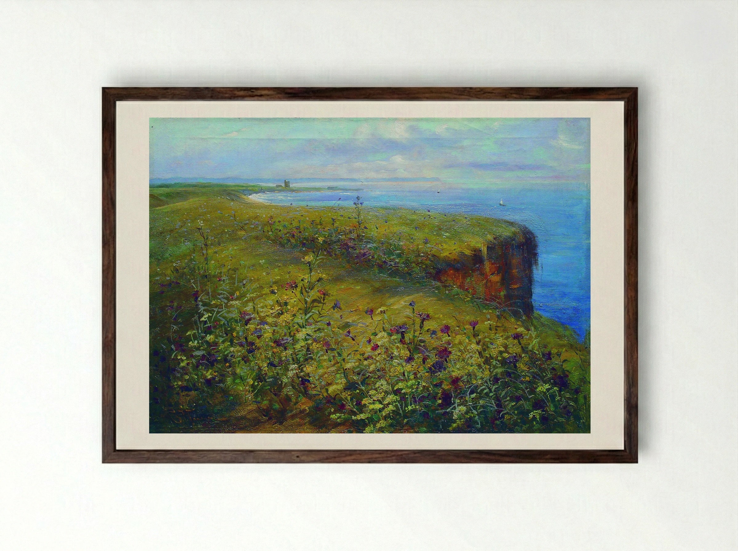 Coastal Meadow with Wildflowers - Konstantin Makovsky - Framed Print Dark Wood