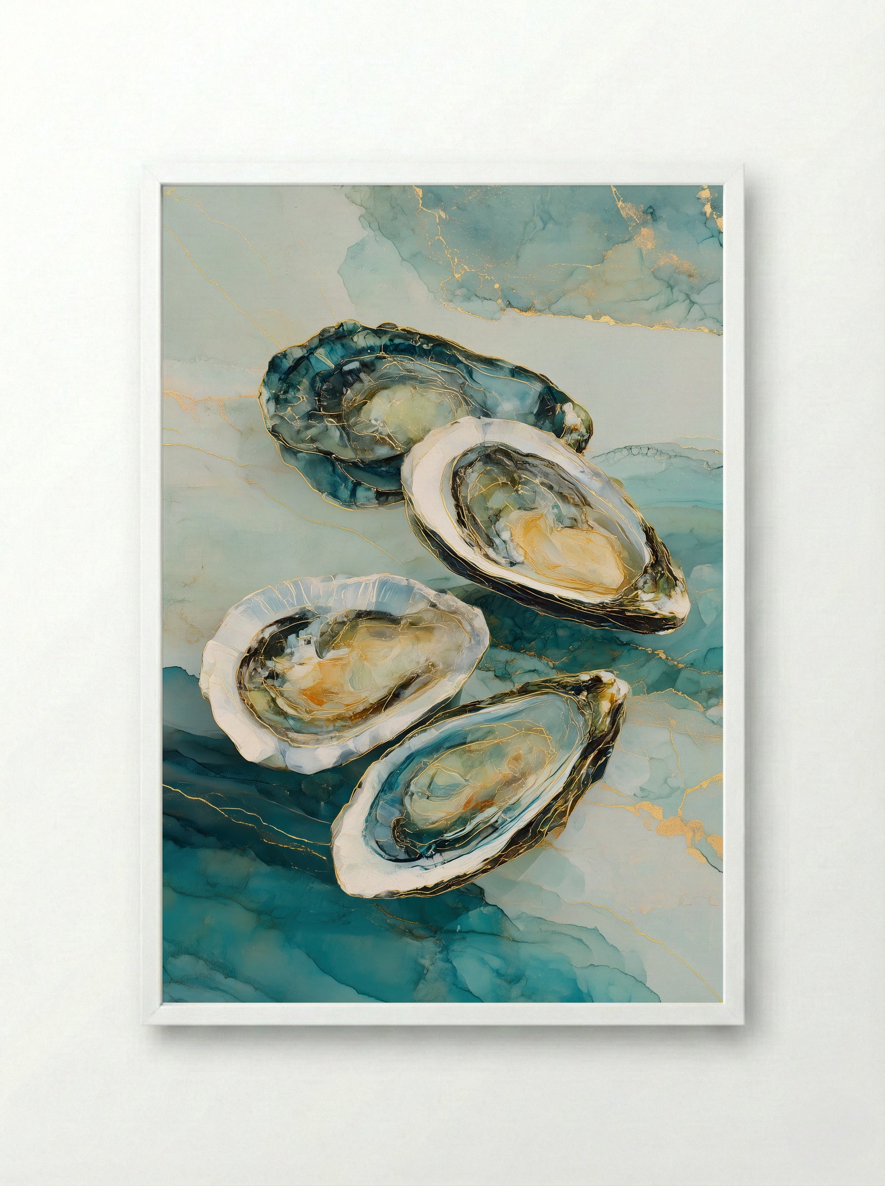 Coastal Oysters – Abstract Ocean Art Print in Teal and Gold - Framed Print White