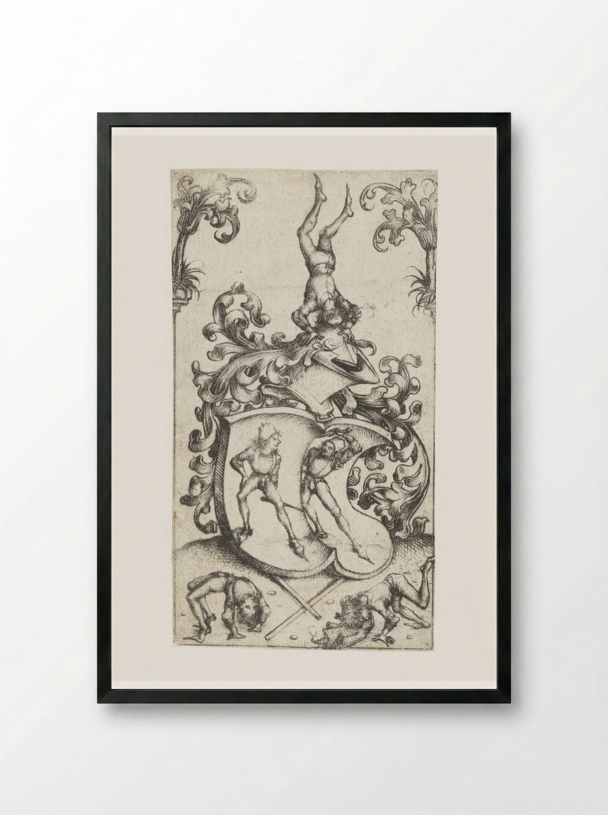 Coat of Arms with Acrobats and Swordsmen - Master of the Amsterdam Cabinet - Framed Print Black