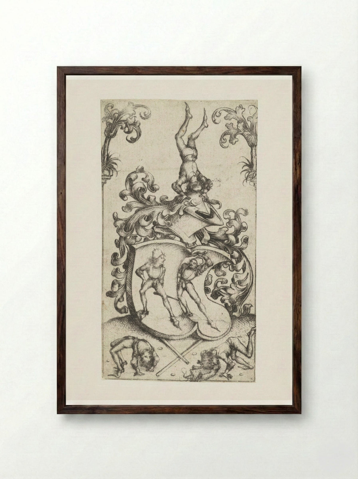 Coat of Arms with Acrobats and Swordsmen - Master of the Amsterdam Cabinet - Framed Print Dark Wood