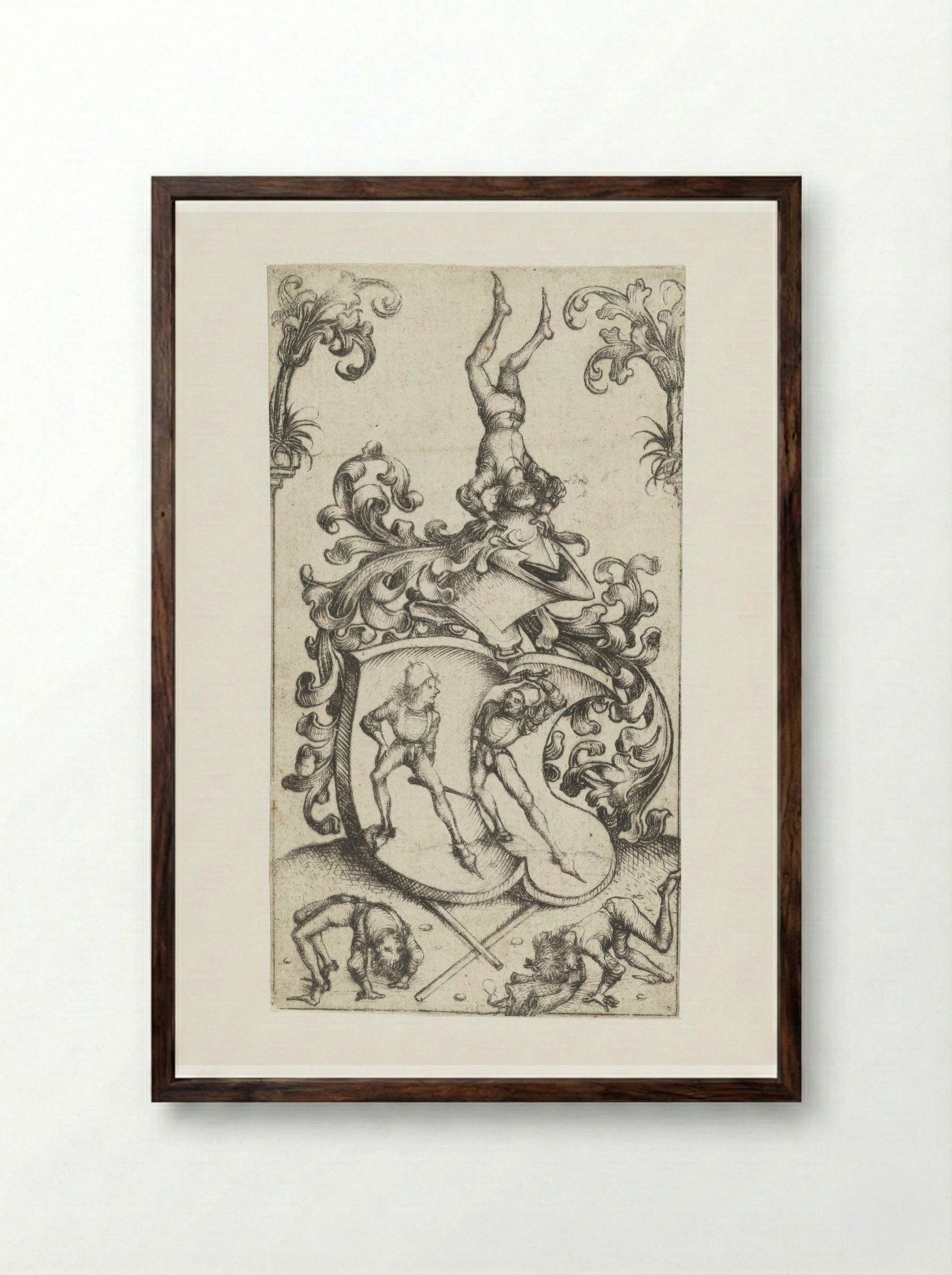 Coat of Arms with Acrobats and Swordsmen - Master of the Amsterdam Cabinet - Framed Print Dark Wood