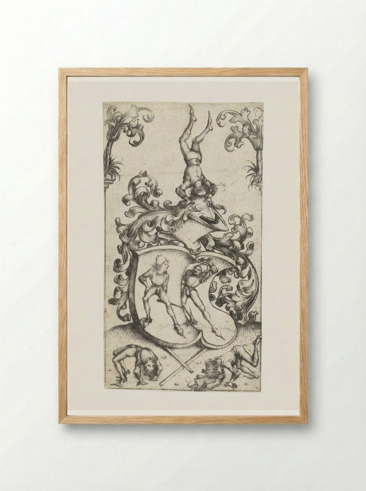 Coat of Arms with Acrobats and Swordsmen - Master of the Amsterdam Cabinet - Framed Print Wood