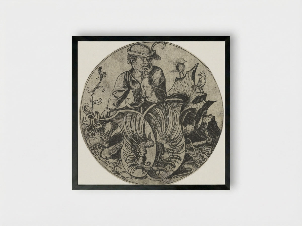 Coat of Arms with Wings Held by a Peasant - Wenzel von Olmütz - Framed Print Black