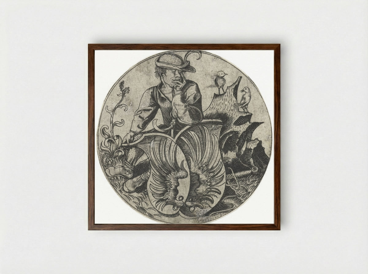 Coat of Arms with Wings Held by a Peasant - Wenzel von Olmütz - Framed Print Dark Wood