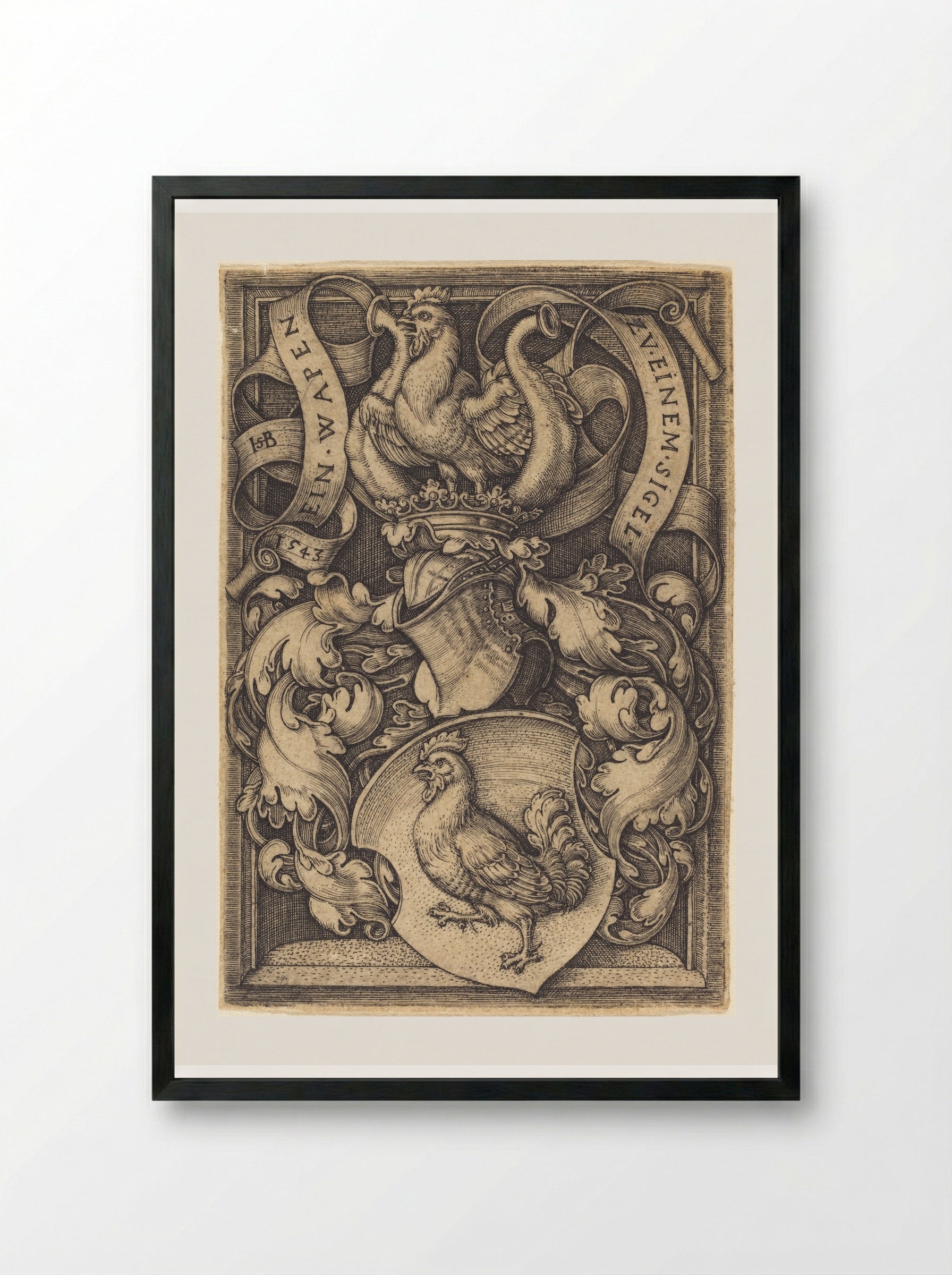 Coat of Arms with a Cock - Sebald Beham - Framed Print Black