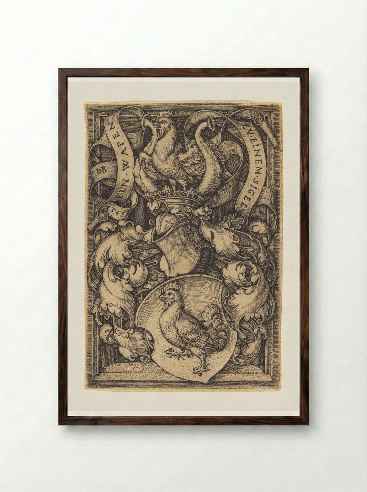 Coat of Arms with a Cock - Sebald Beham - Framed Print Dark Wood