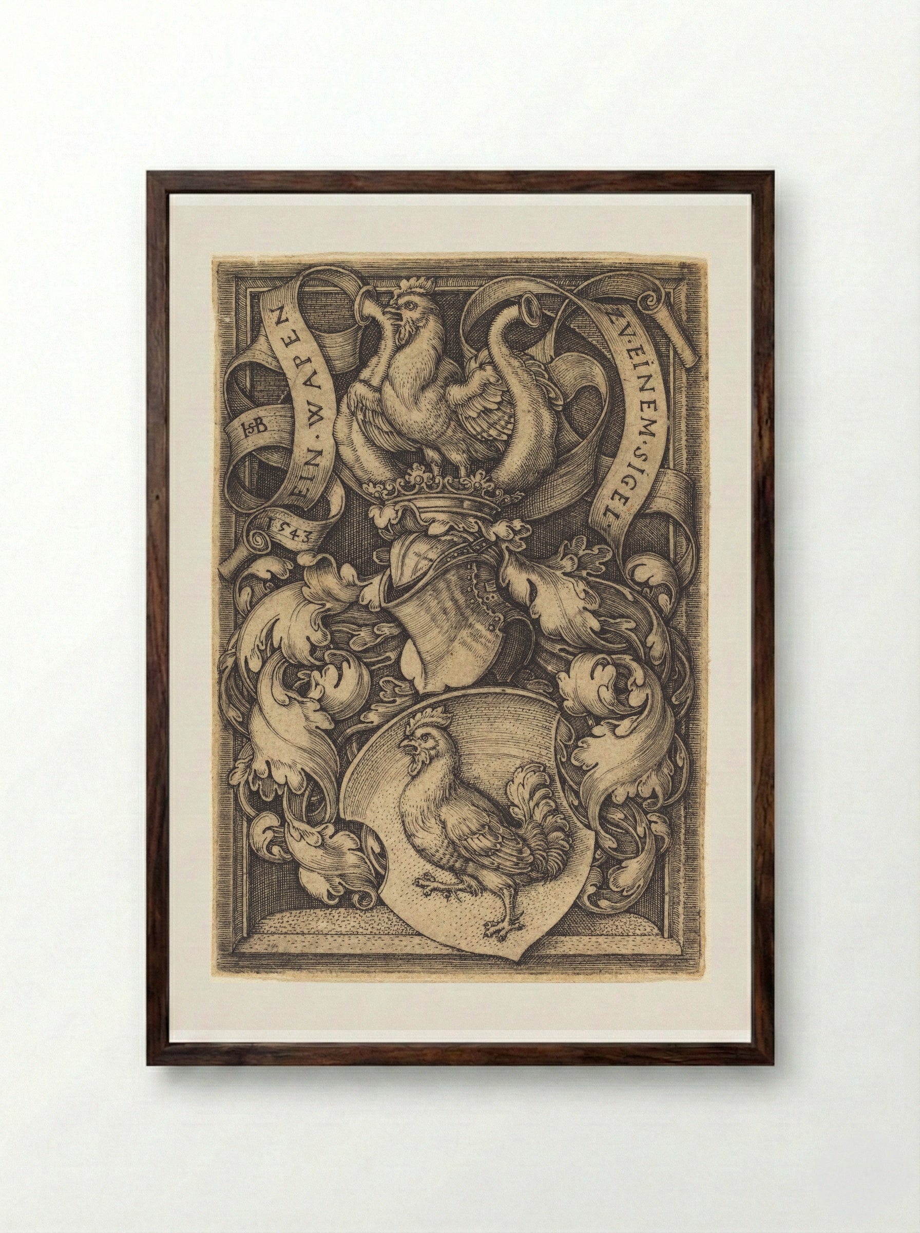 Coat of Arms with a Cock - Sebald Beham - Framed Print Dark Wood