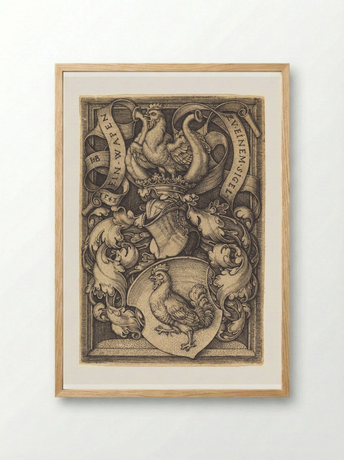 Coat of Arms with a Cock - Sebald Beham - Framed Print Wood
