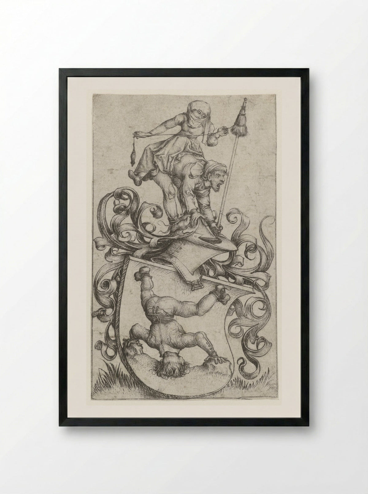 Coat of Arms with a Peasant Standing on His Head - Master of the Amsterdam Cabinet - Framed Print Black