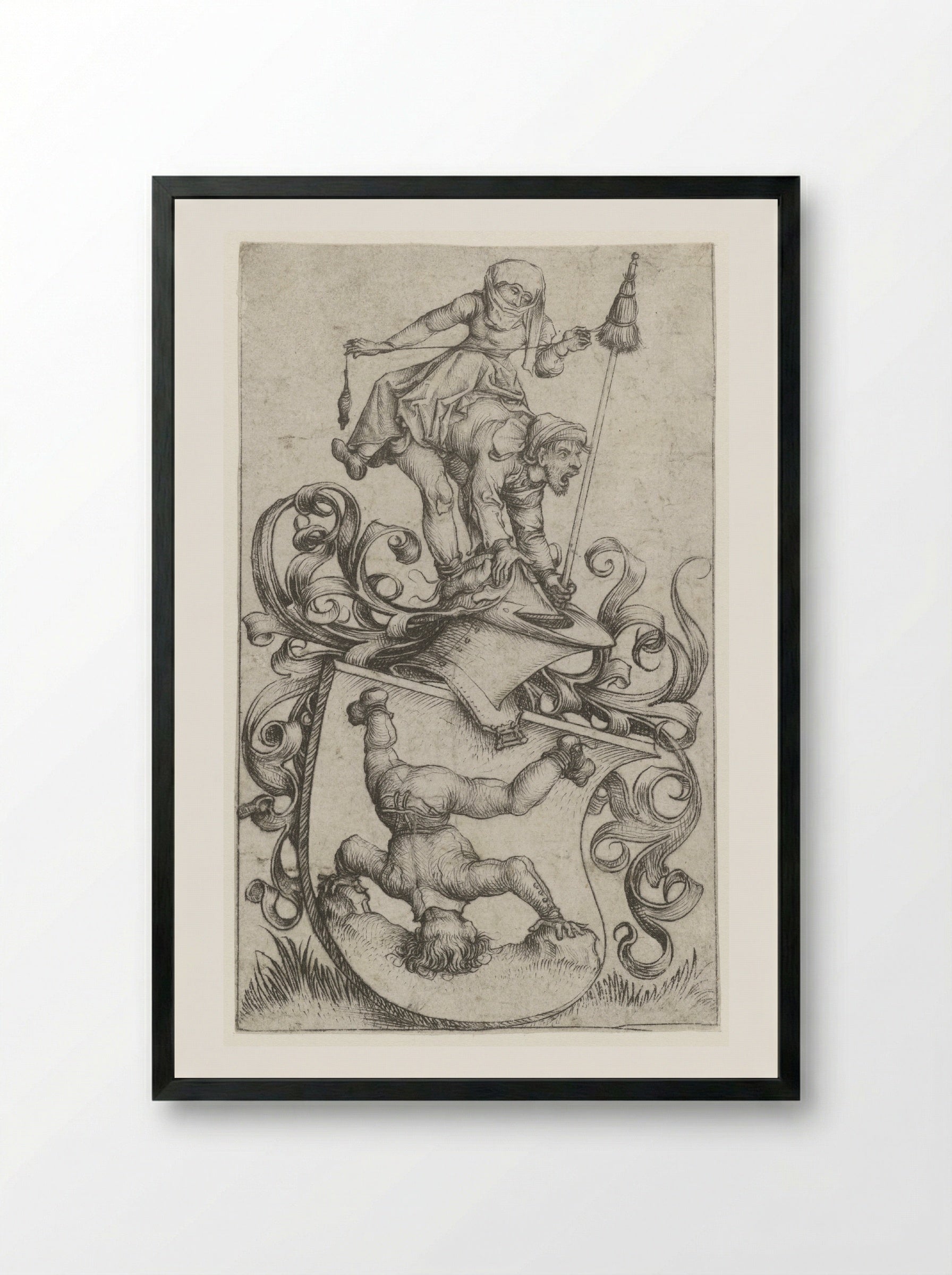 Coat of Arms with a Peasant Standing on His Head - Master of the Amsterdam Cabinet - Framed Print Black