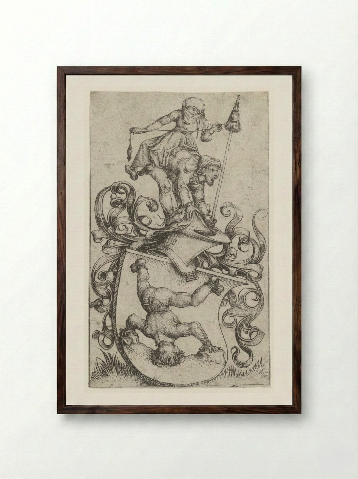 Coat of Arms with a Peasant Standing on His Head - Master of the Amsterdam Cabinet - Framed Print Dark Wood