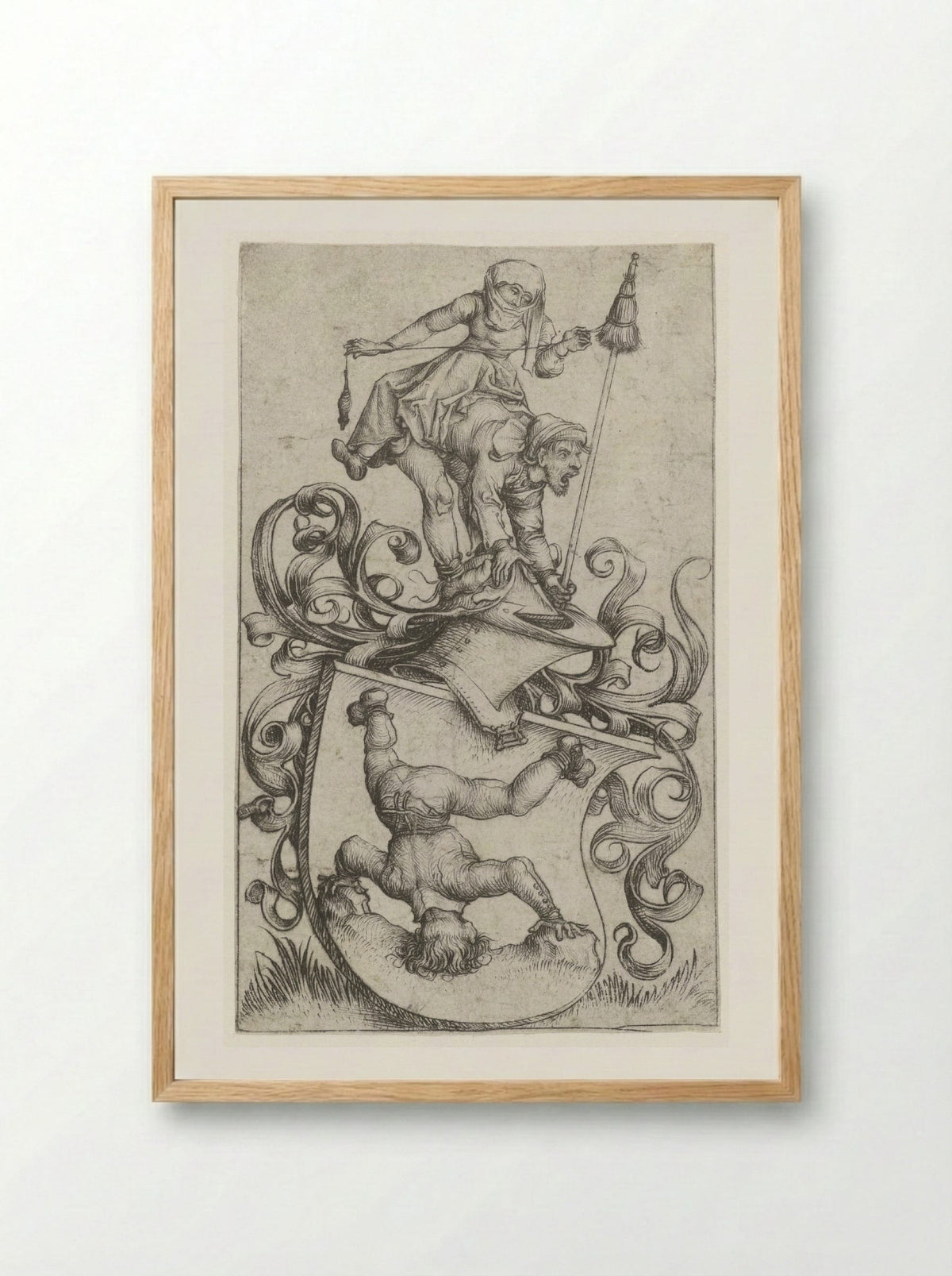 Coat of Arms with a Peasant Standing on His Head - Master of the Amsterdam Cabinet - Framed Print Wood