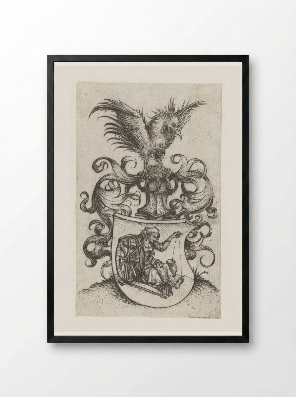 Coat of Arms with an Old Woman Spinning - Master of the Amsterdam Cabinet - Framed Print Black